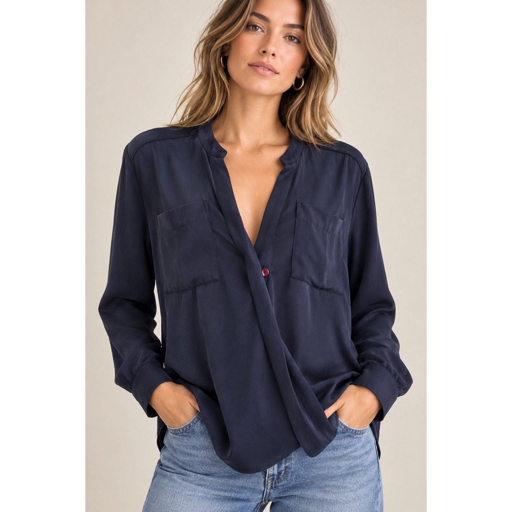 Maeve Anthropologie Navy Blue Surplice Wrap Front Blouse Size 8 Long Sleeve Top